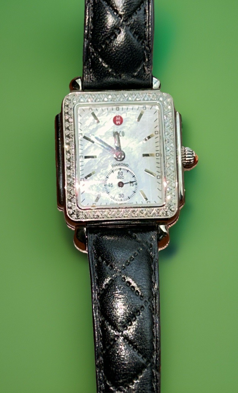 Michele Deco Diamond Watch .49ct 108 Diamonds Black Leather Sapphire