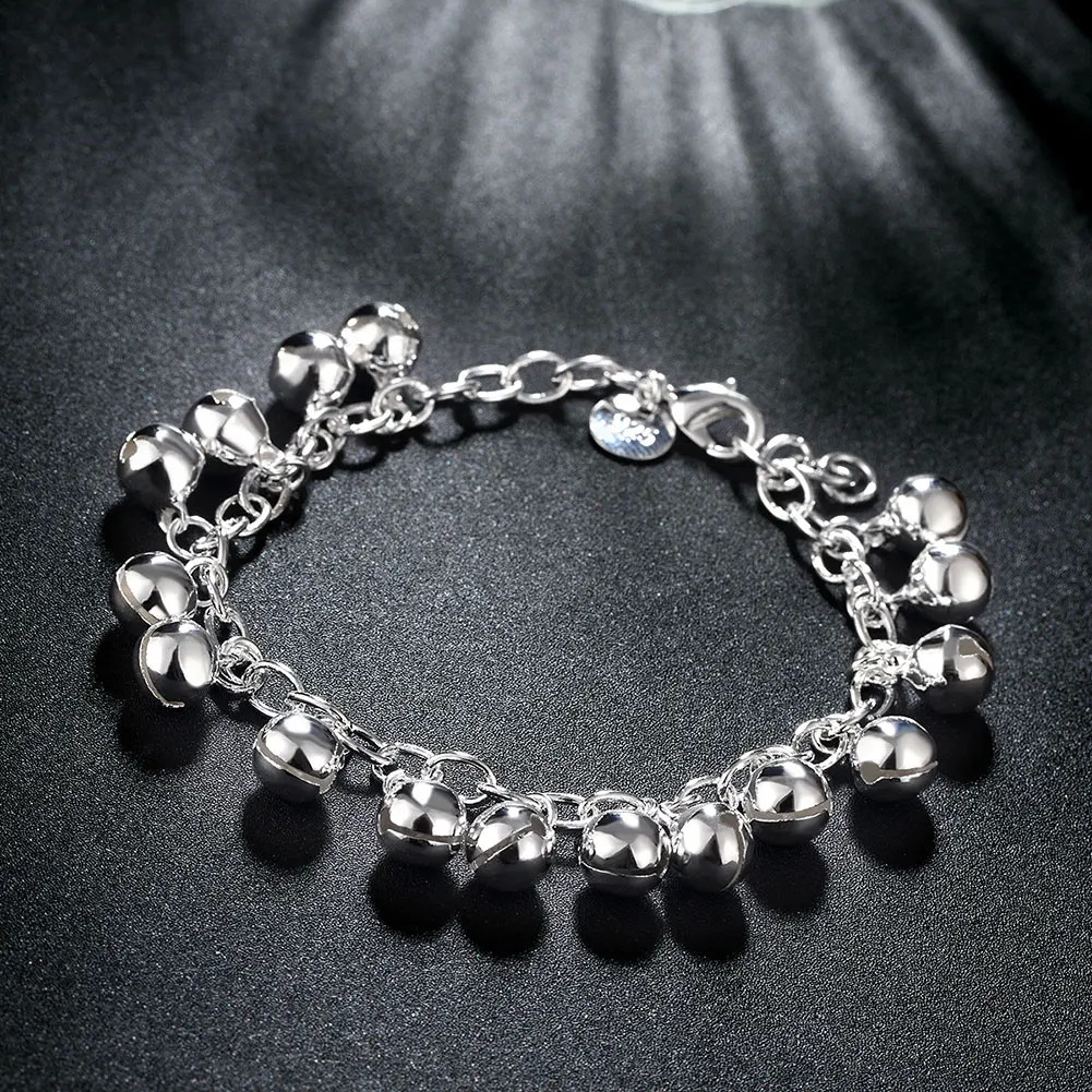 925 Sterling Silver Charm Glossy Bead Bangle Women’s Fashion Bracelet Jewelry