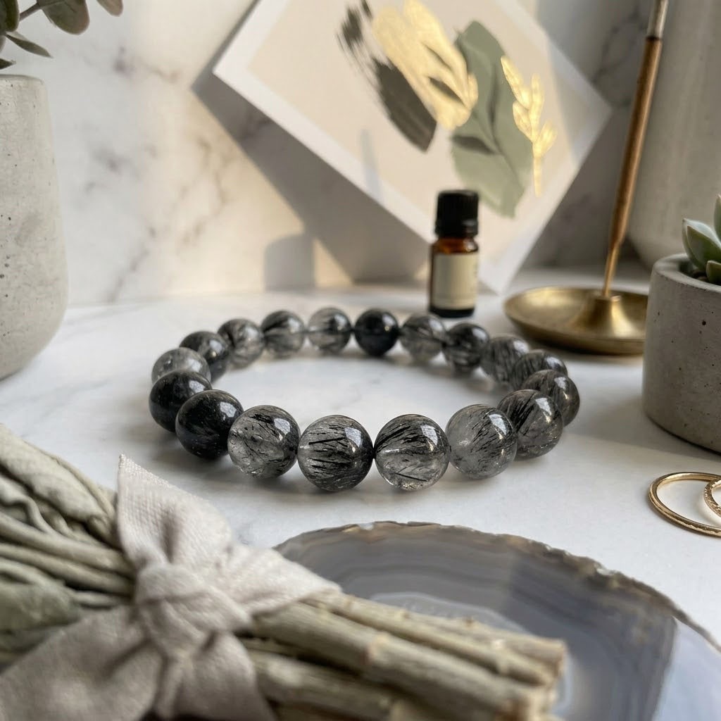 11mm Black Rutilated Quartz Bracelet Natural Crystal Round Beads 18 cm Stretch