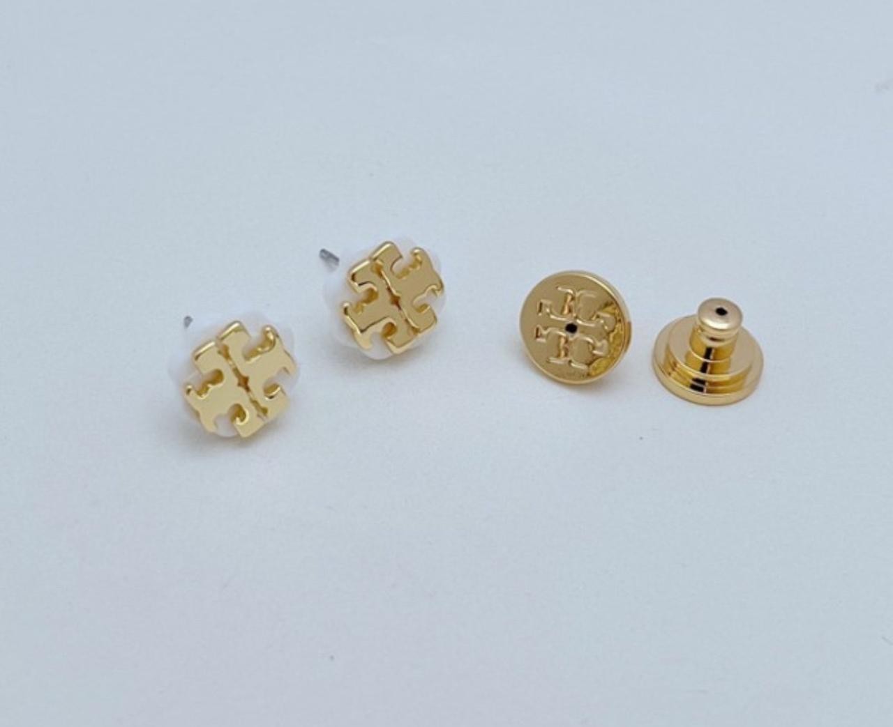 New Tory Gold White Stud earrings with Jewelry Pouch