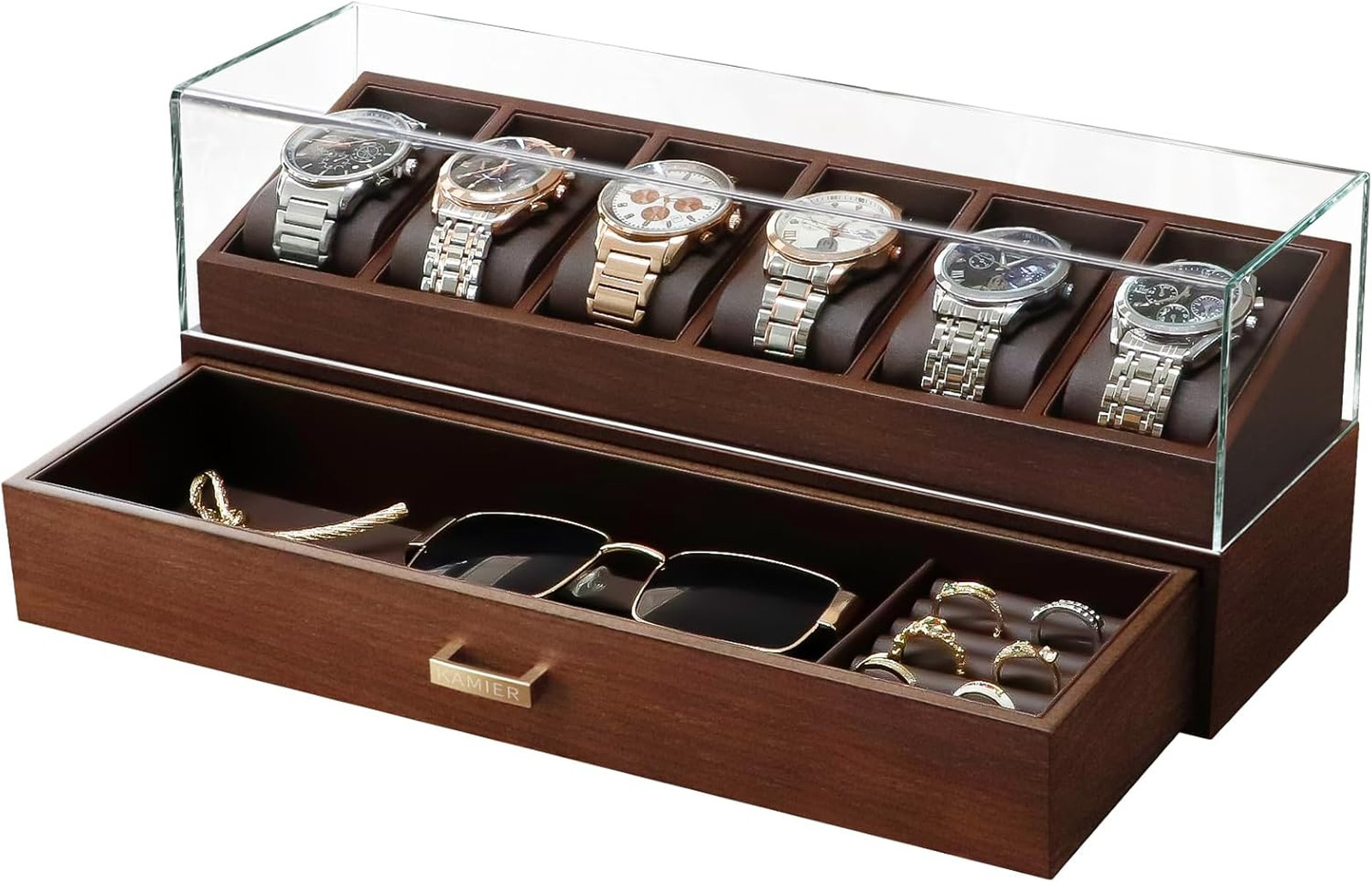 Wooden Watch Box with Glass Lid 6 Slots Leather Interior Jewelry Organizer for