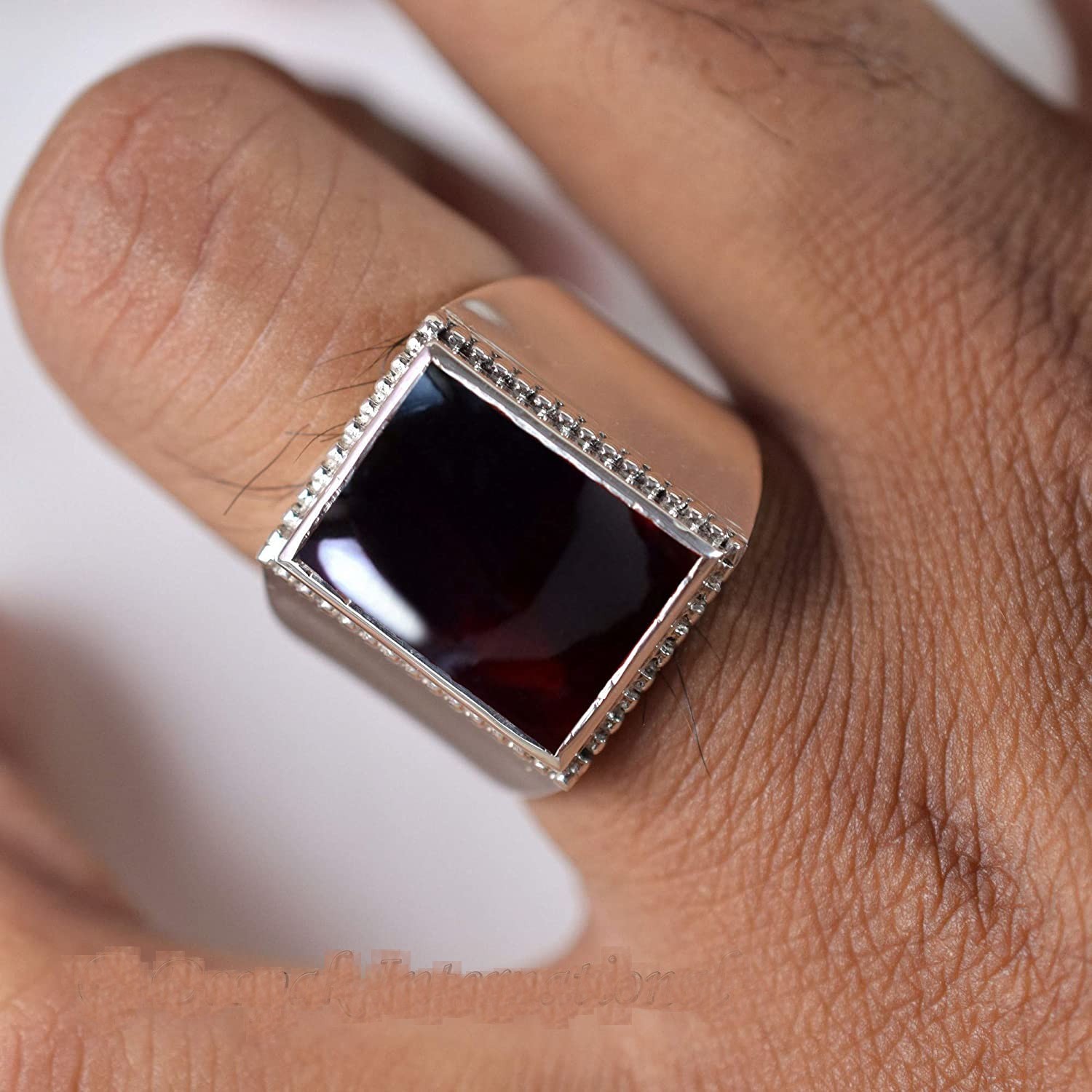 Solid 925 Sterling Silver Red Garnet Rectangle Gemstone Gift Men’s Unisex Ring