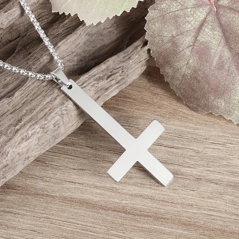 Silver Saint Peter’s Cross Necklace Inverted Stainless Steel Pendant Punk Goth