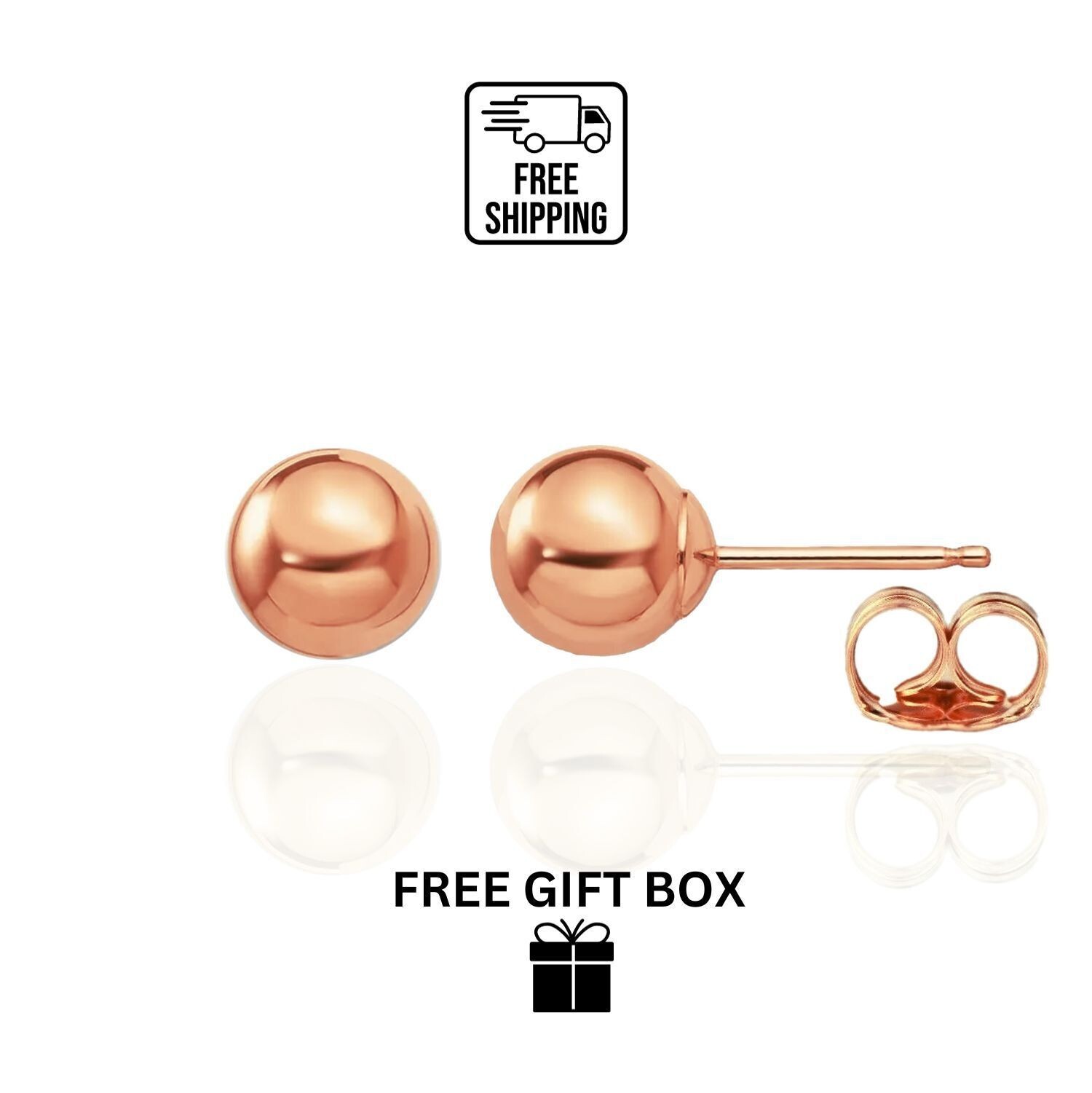Solid 14k Rose Gold Ball Stud Earrings Butterfly Push Back