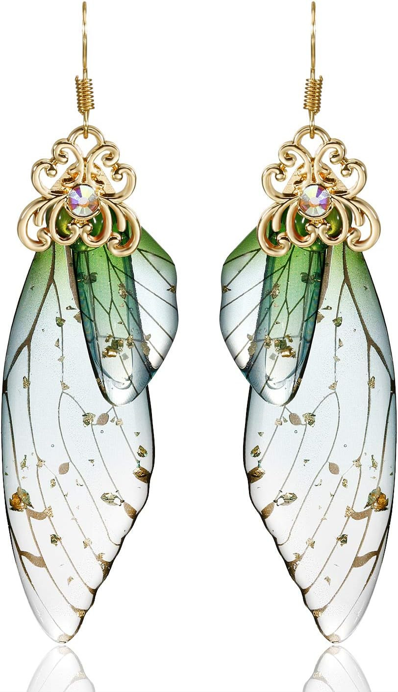 Butterfly Wing Drop Dangle Earrings Gold Plated Crystal Rhinestone for Women Wed