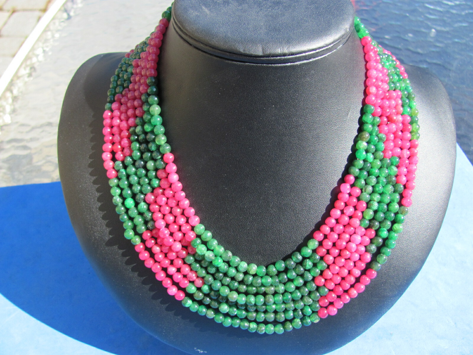 FANTASTIC RUBY /Emerald 7 line necklace 18 inches to 36 inches adjustable