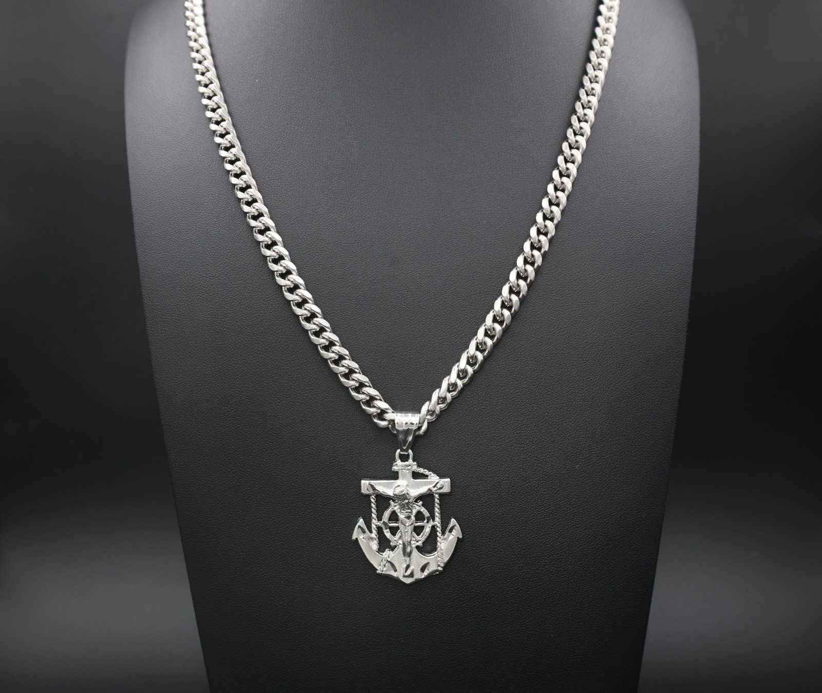 Silver Anchor Necklace 7mm Curb Chain Rhodium Plated For Men