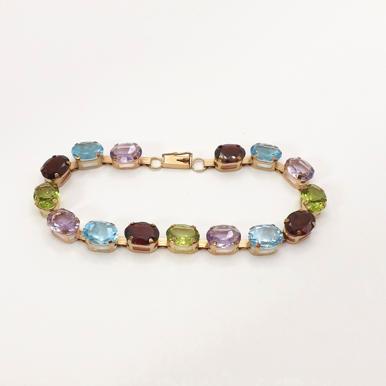 10k Gold Natural Rainbow Gemstone Tennis Link Bracelet 7in Garnet Topaz Amethyst