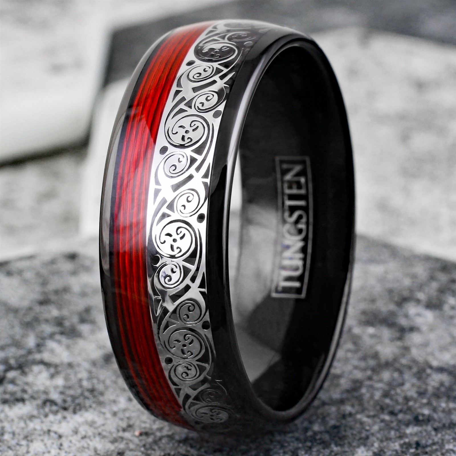 Black Men’s Tungsten Carbide Clockwork Gears & Red Wire Wedding Band Ring