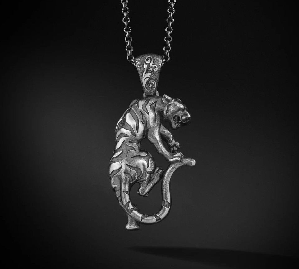 Solid 925Sterling Silver Black Climbing Panther Pendant For Unisex Tiger Pendant