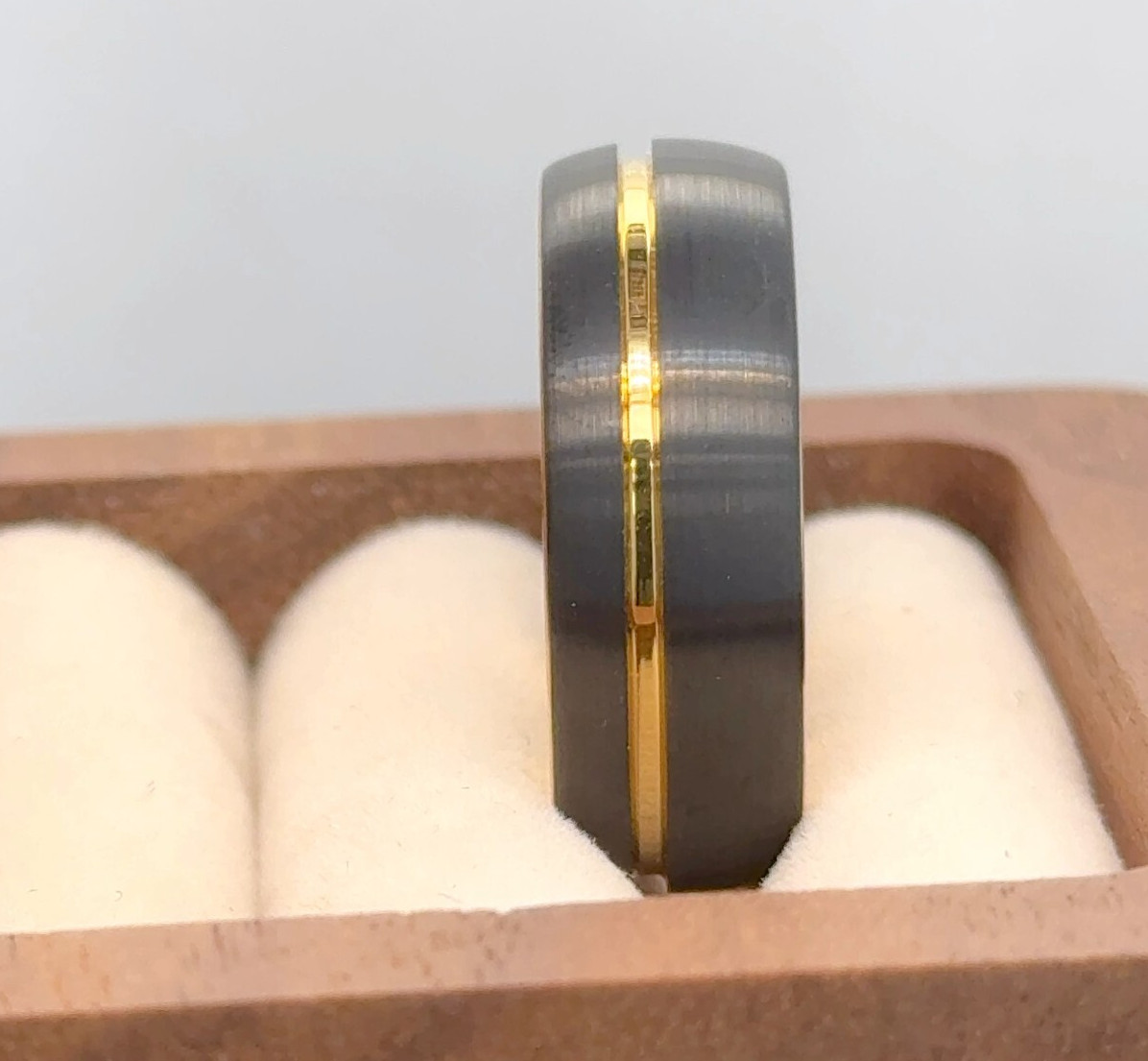 Black And Gold Tungsten Wedding Ring Grooved Brushed Finish Band Gift for Him