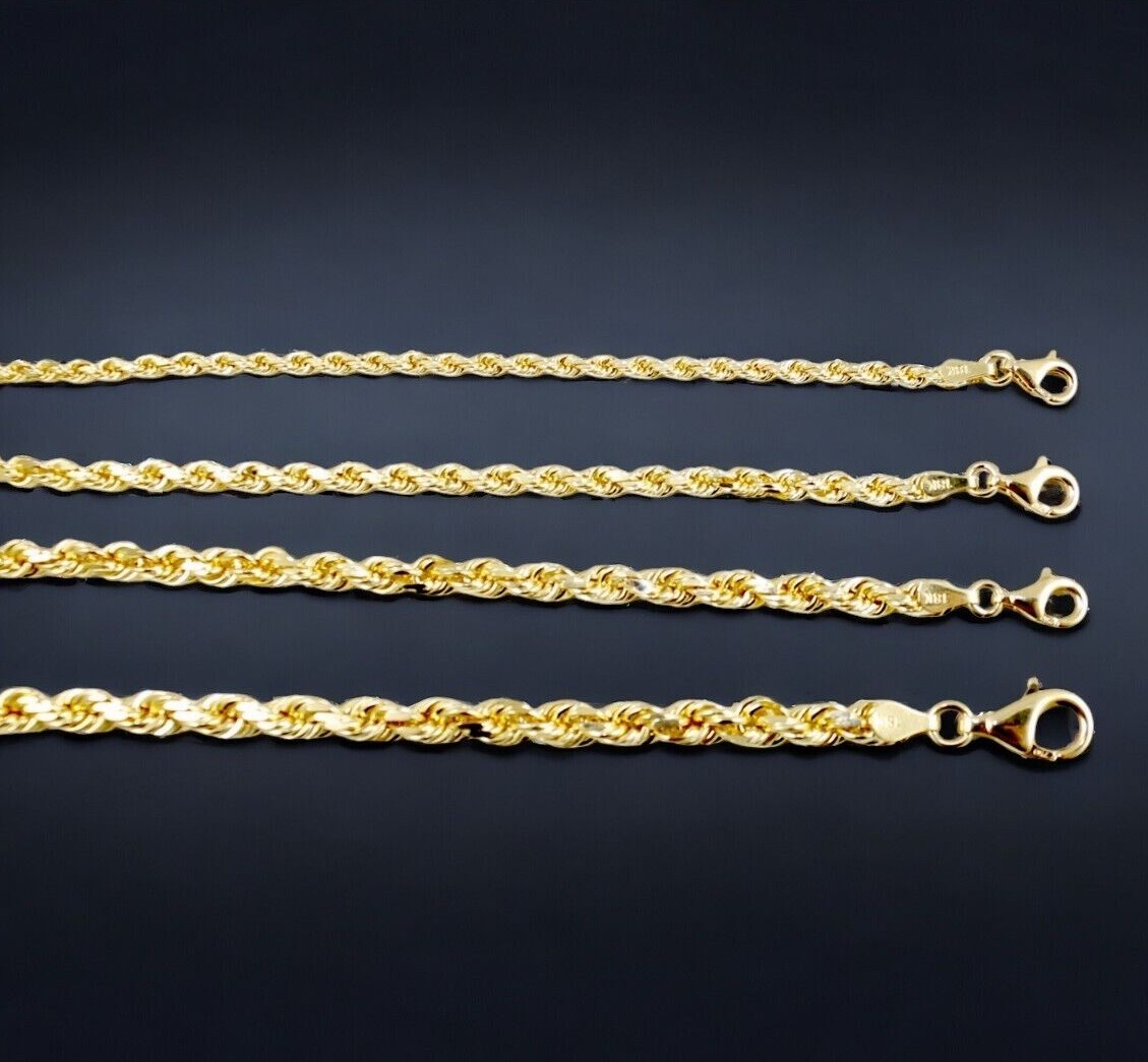18K Yellow Gold SOLID Rope Chain Necklace Diamond Cut Real Gold 2mm-5mm 16″-30″
