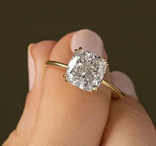 3CT Cushion-Cut VVS1 Moissanite Solitaire Engagement Ring 14k Yellow Gold Plated