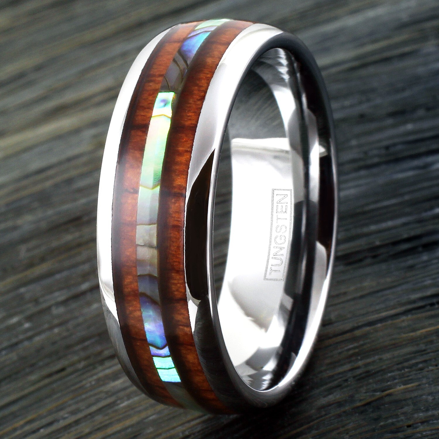 6/8mm Tungsten Men’s Hawaiian Koa Wood & Abalone Wedding Band Ring