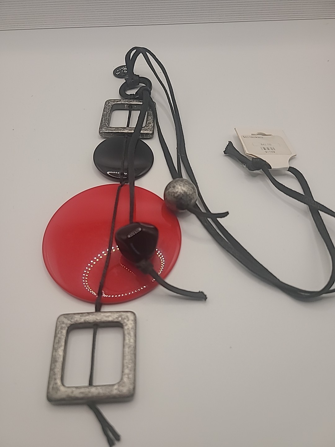 Alisha D Marked Black Red Gunmetal Geo Shapes Statement Necklace Italy $48 Tag