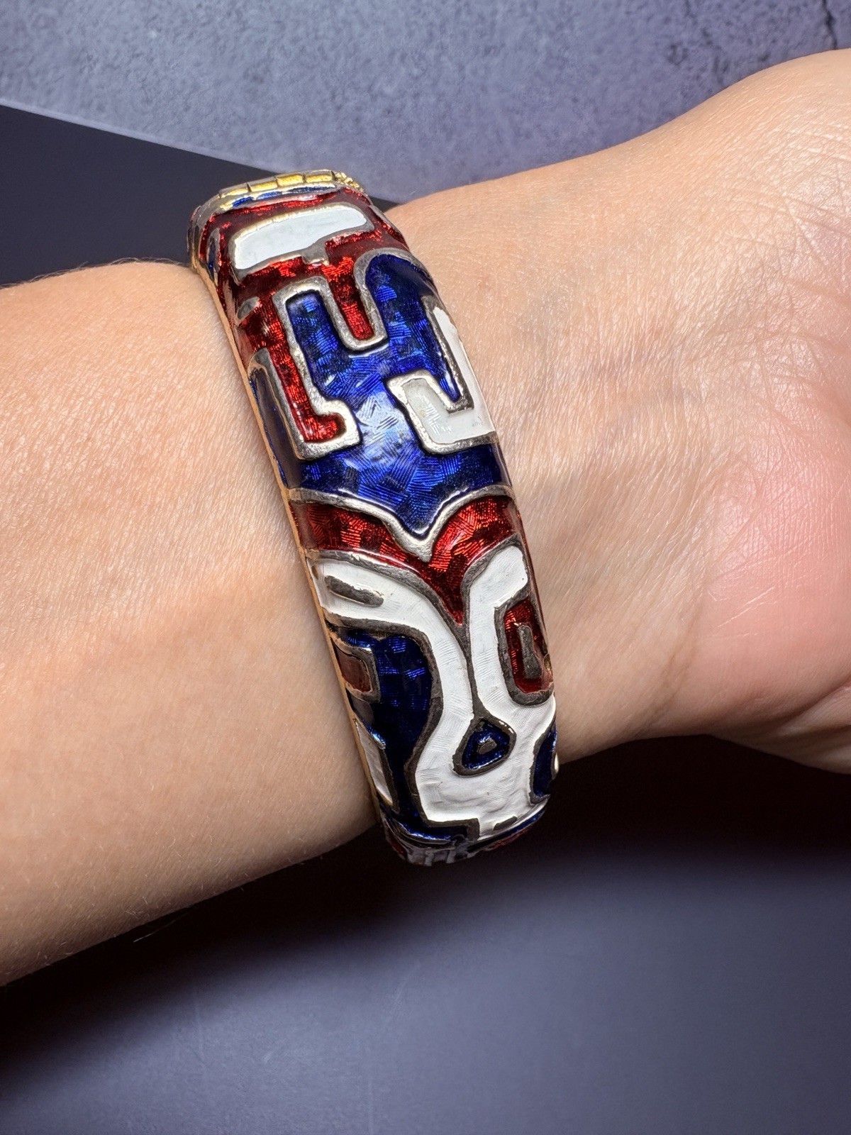 Vintage Marcel Boucher Red White Blue Enamel Hinged Bangle Bracelet Patriotic