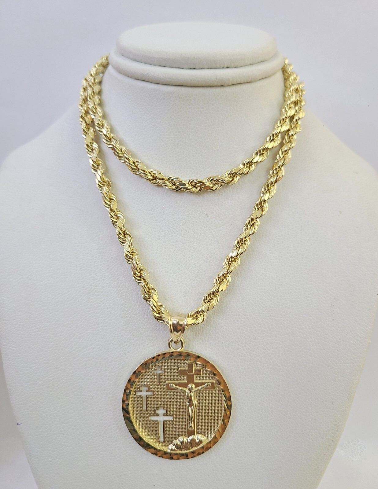 REAL 10k Jesus Medallion Cross Charm Rope Chain Pendant 4mm Necklace Set 18″-28″