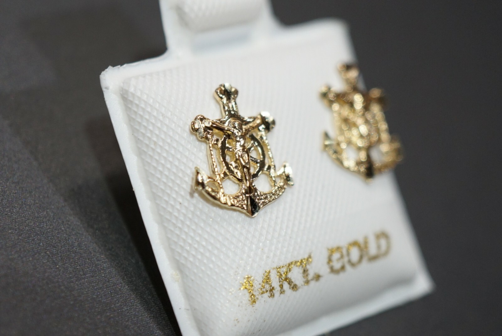14K Solid Yellow Gold Diamond-Cut Jesus Anchor Stud Earrings.