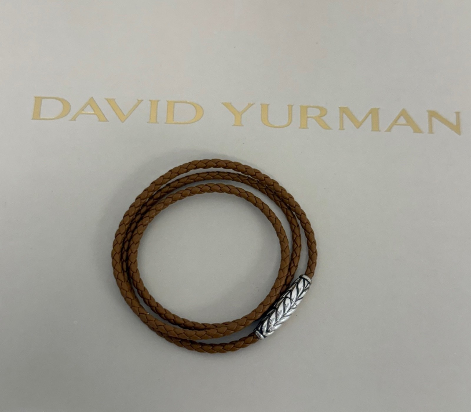David Yurman Sterling Silver Chevron Triple Wrap Brown Leather Bracelet Small