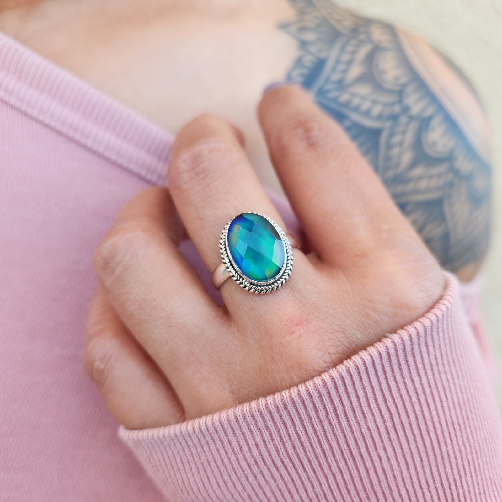 Aurora Opal Ring Aurora Borealis Ring 925 Sterling Silver Northern Light Ring