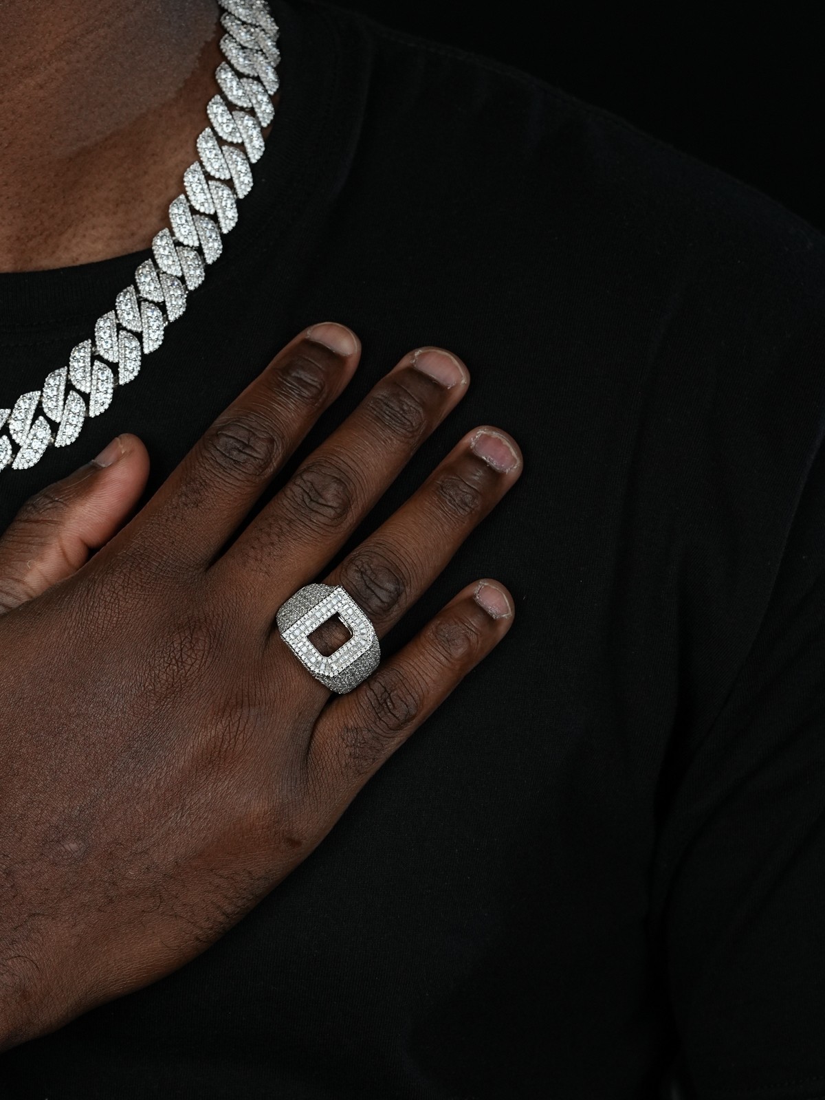 Real MOISSANITE Large Initial Letter Ring Iced Baguette Hip Hop 925 Silver A-Z