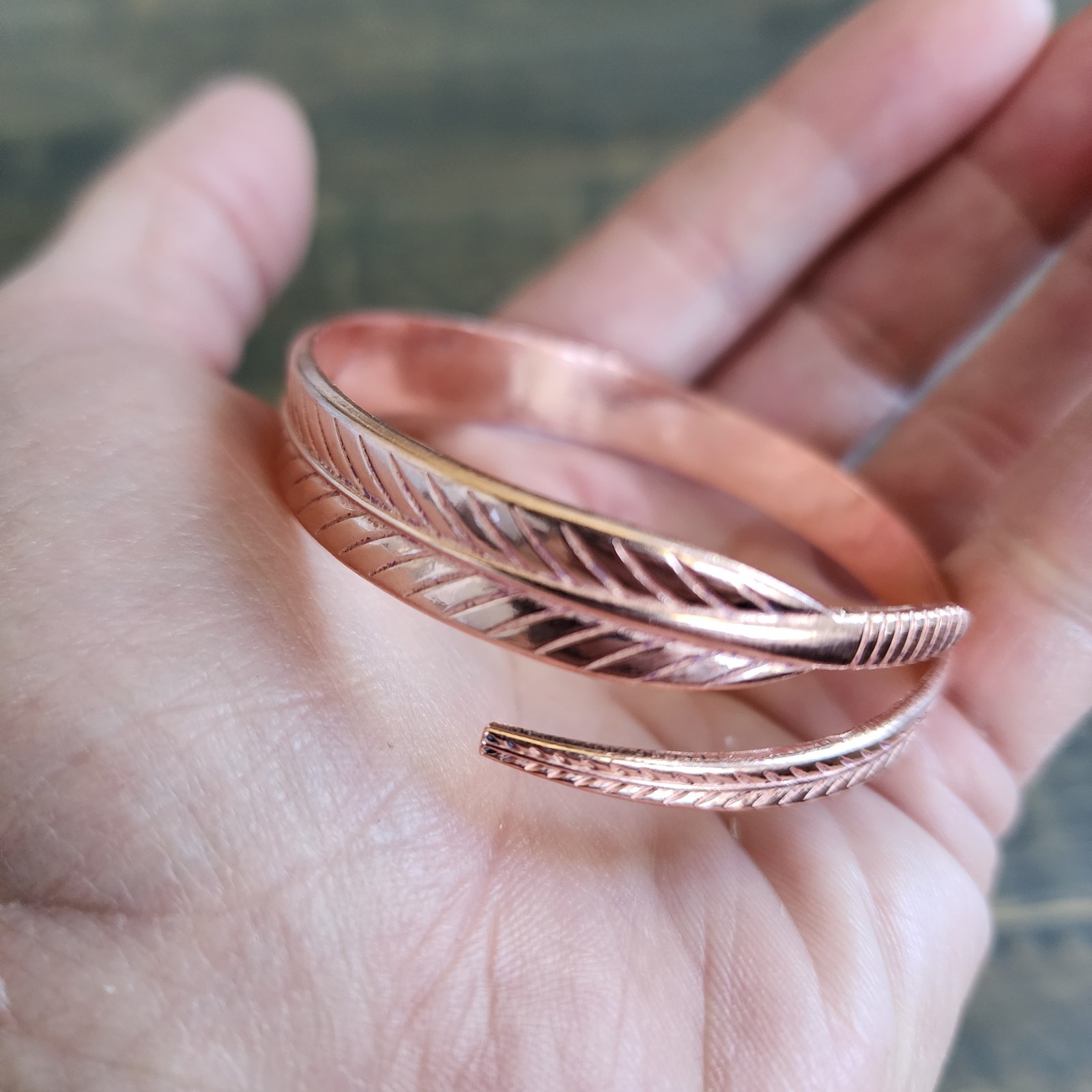 Pure Copper Feather Bracelet Bangle Adjustable 10 mm Wide 20g Open Cuff