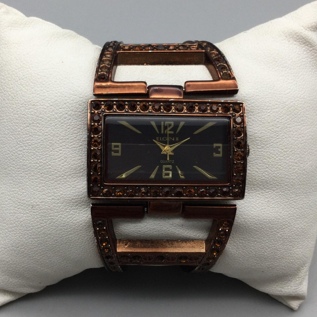 Elgin Bracelet Watch Womens 35mm Brown Crystal Bangle Copper Tone New Battery 6″