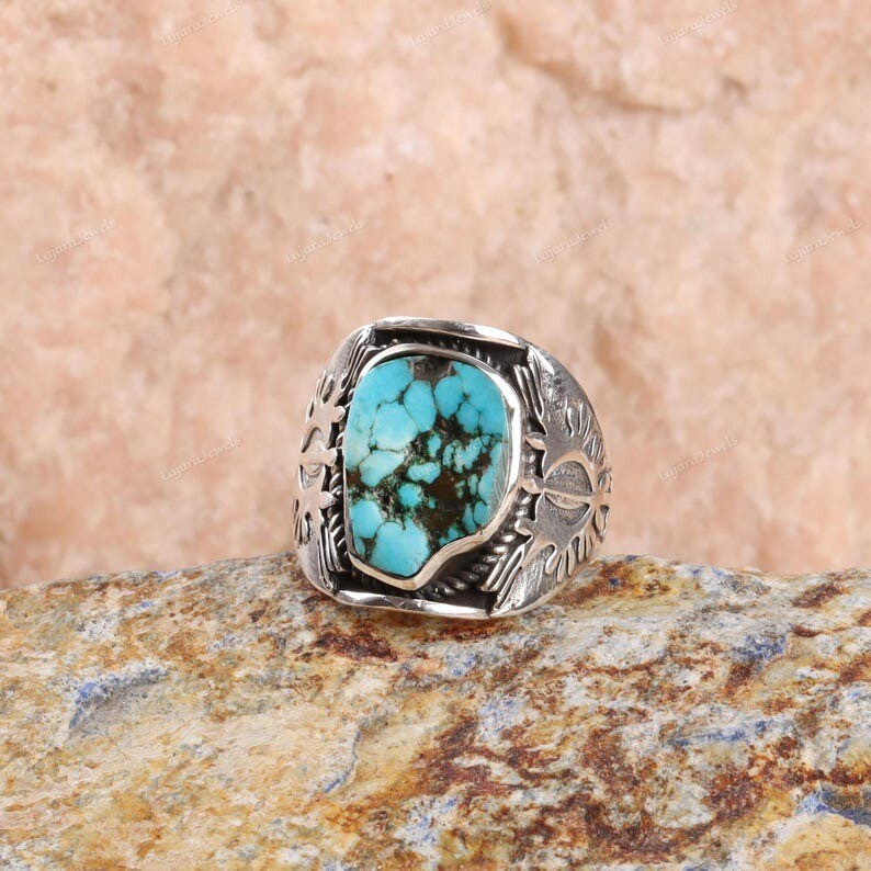 Tibetan Turquoise Raw Ring 925 Sterling Silver Ring Men’s Signet Handmade Ring