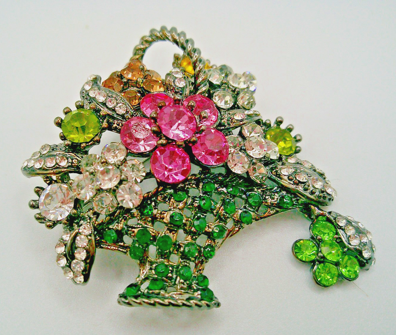 Rhinestone Flower Basket brooch Pin with dangler ~ 2″ (F8)