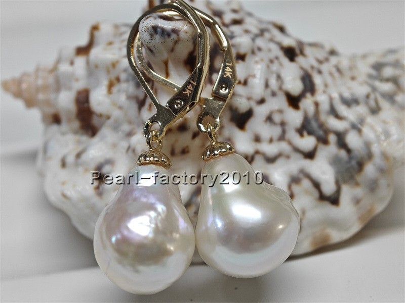 huge 12-14 natural AAA South Sea white Pearl Earrings 14K YELLOW GOLD Baroque