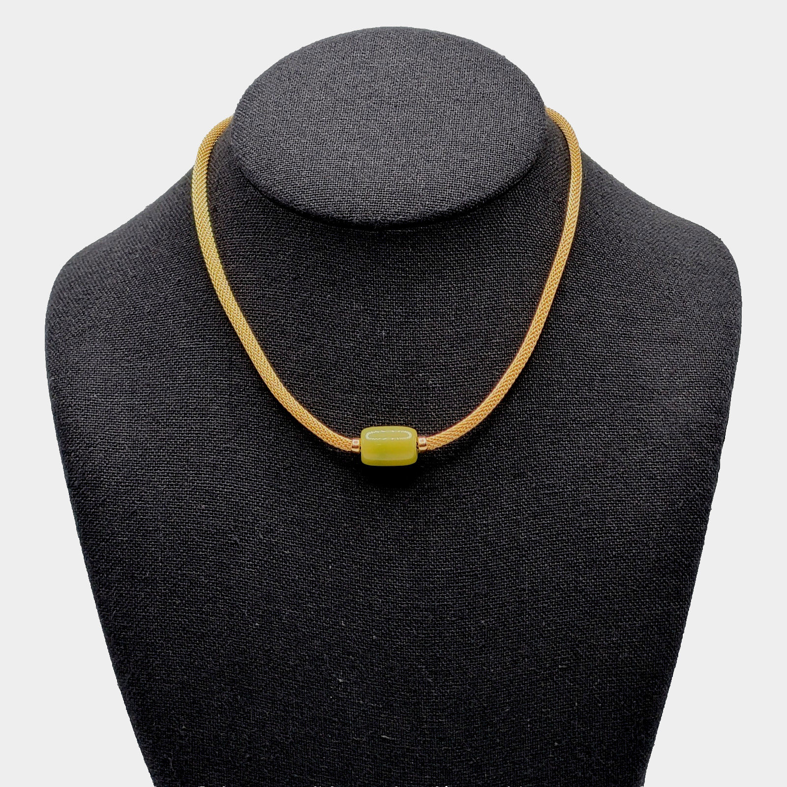 Crown Trifari Mesh Choker Necklace Lime Green Lucite Fixed Barrel Pendant 15 in