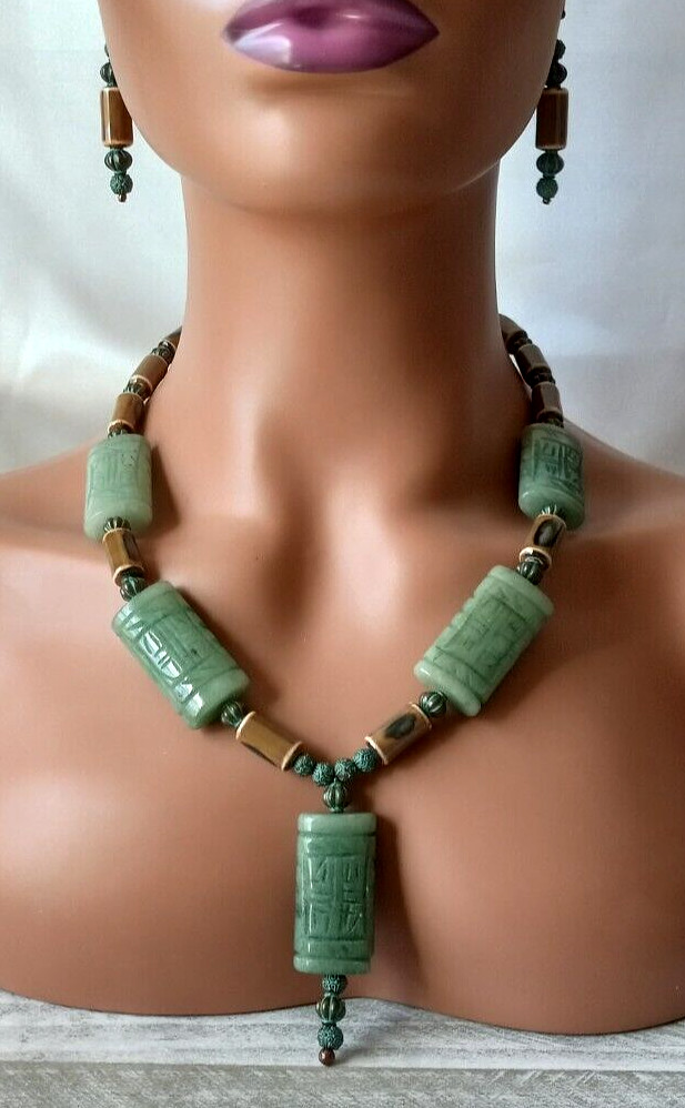 Carved Green Aventurine Zen Asian Inspired Necklace Earring Set