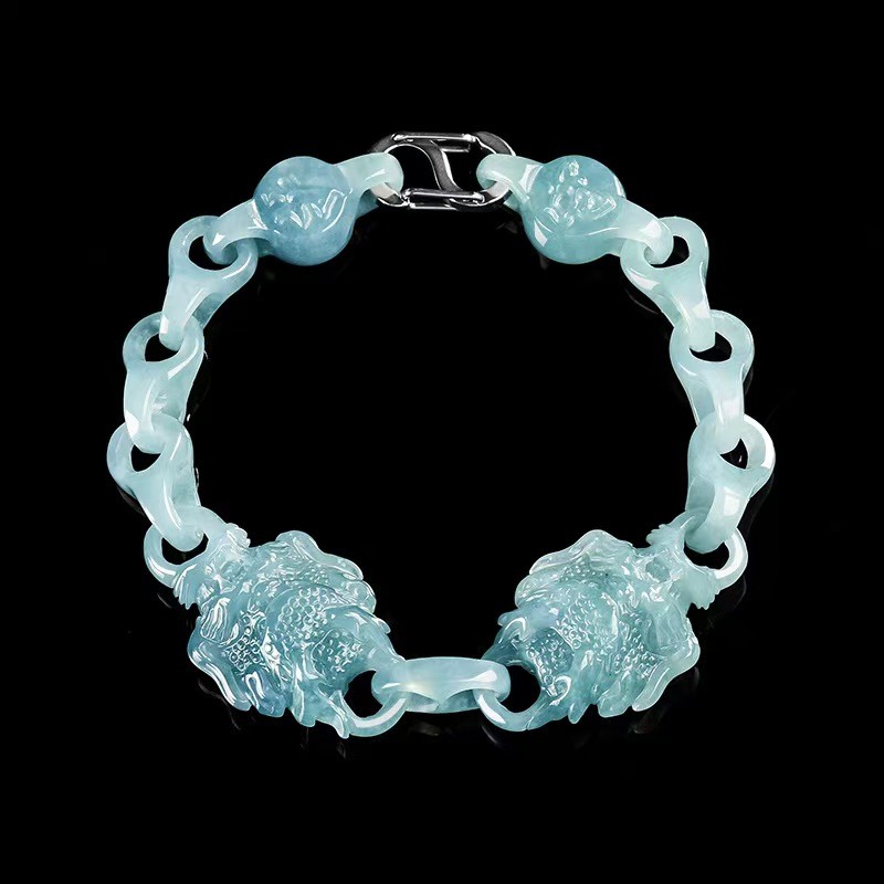 Real Grade A Natural Green Jade Jadeite Dragon Head Anchor Link Bracelet