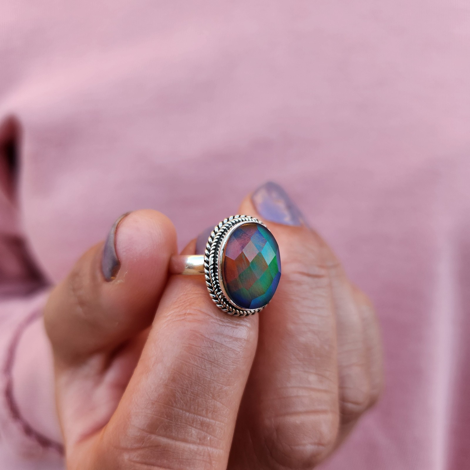 Aurora Opal Ring Aurora Borealis Ring 925 Sterling Silver Northern Light Ring