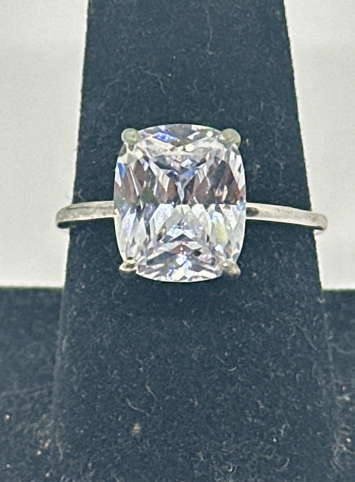 Silver Tone Solitaire Ring Size 9 Cushion Cut Clear Stone Prong Set