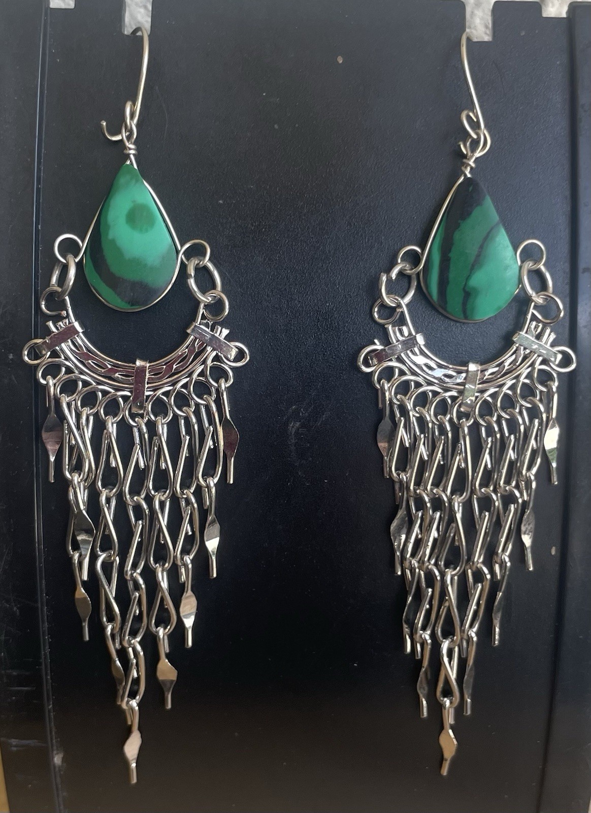 Peruvian Green Malachite Semi-Precious Stone Dangle Earrings Handmade Boho Peru
