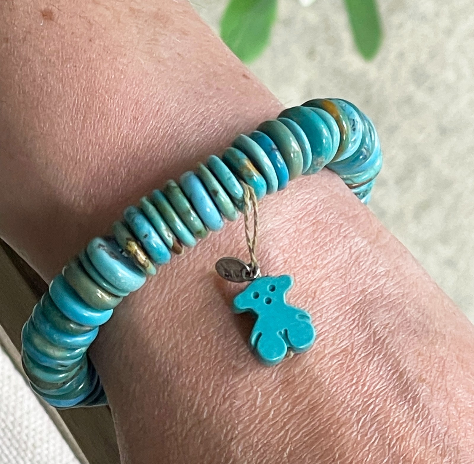 TOUS turquoise gemstone disk stretch bracelet with dangling turquoise charm bear