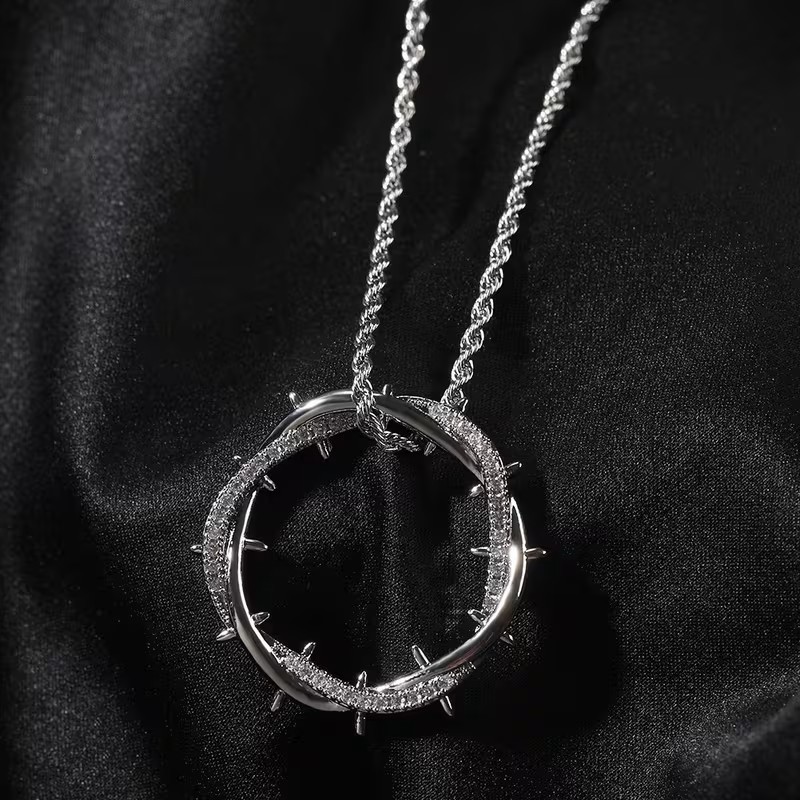 Silver Jesus Crown of Thorns Pendant Necklace Christian Faith Cross Chain Charm