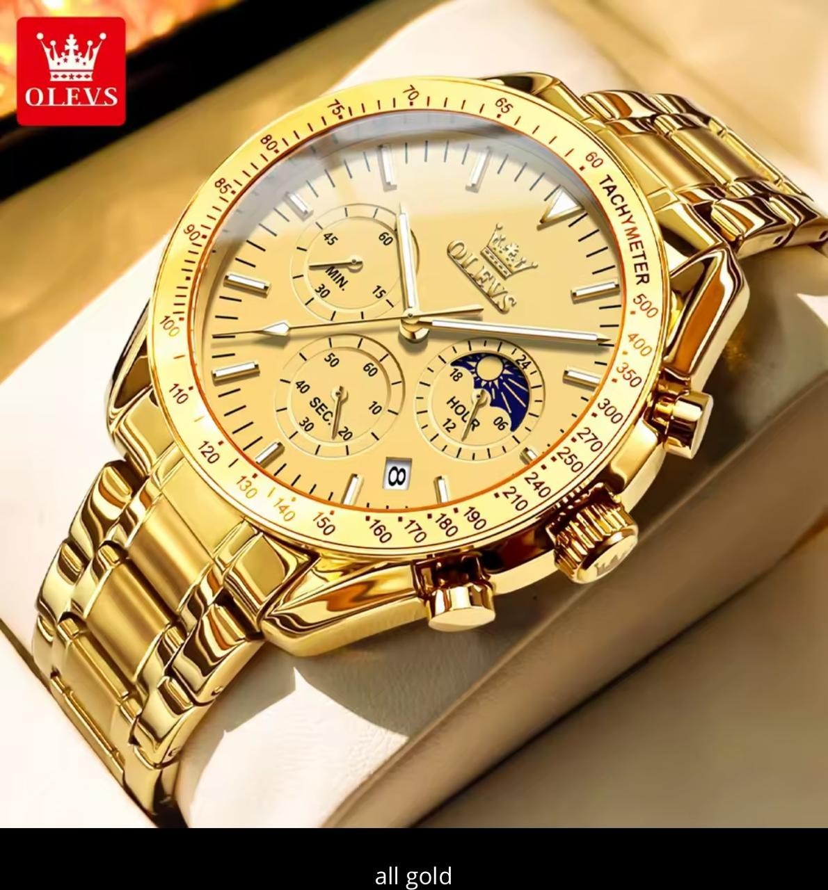 Men’s OLEVS Chronograph Watch – Moon Phase, Tachymeter Bezel, Stainless Steel
