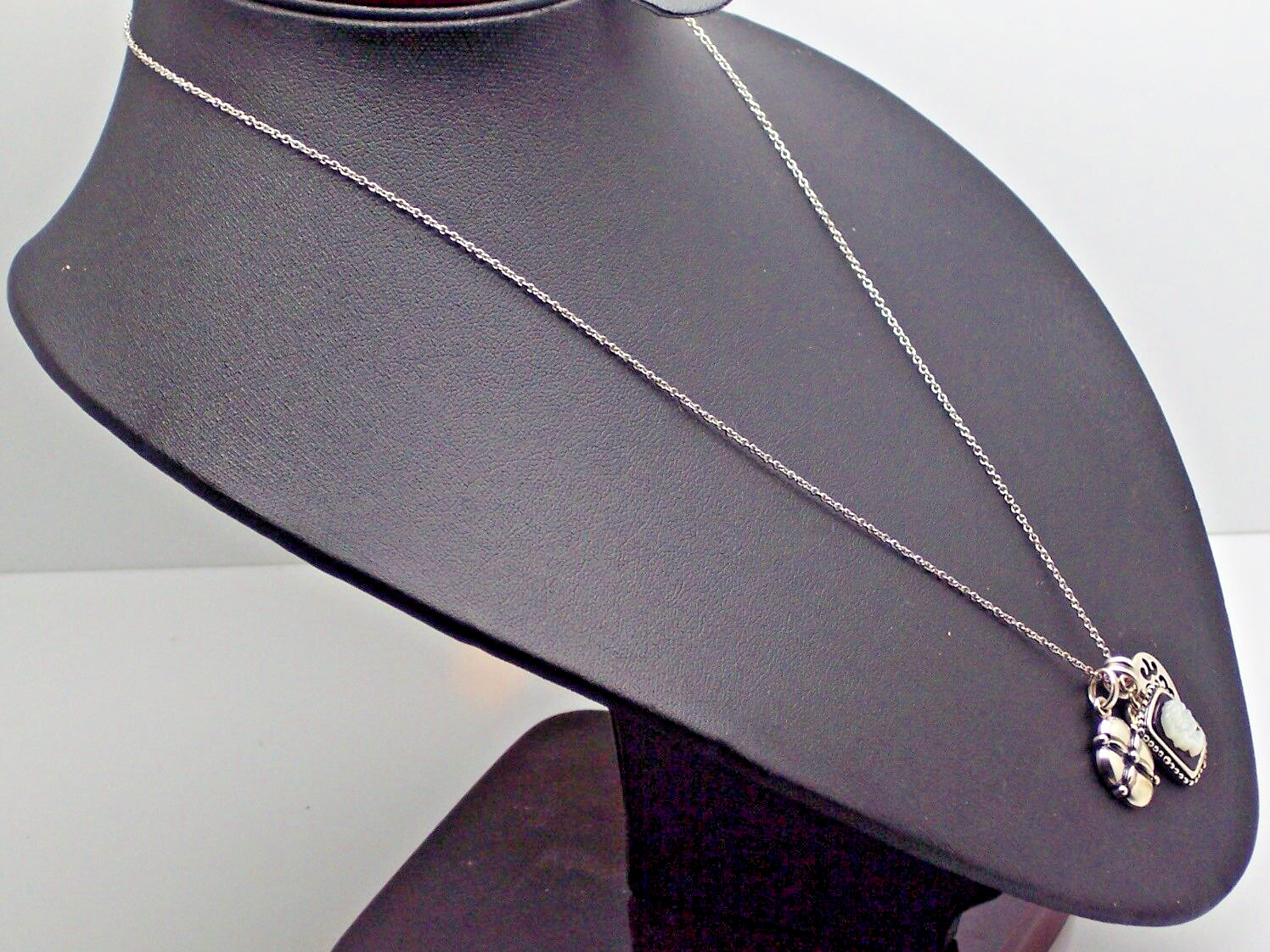 Three Charm Pendant Necklace .925 Sterling Heart Clover & Cameo