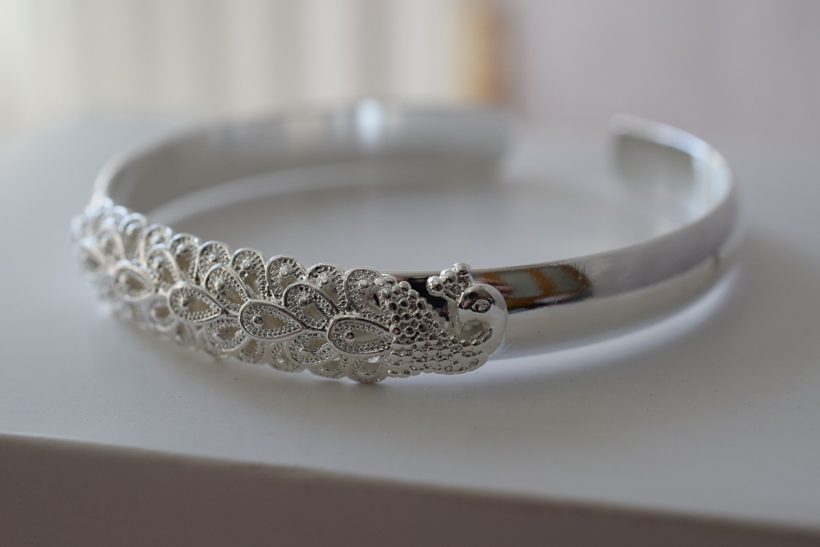 925 Sterling Silver Peacock Design 18cm Open Bracelet + Gift Box