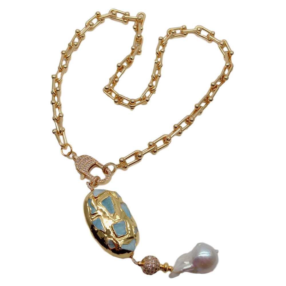 20″ Gold Plated Chain Necklace Blue Larimar Freshwater White Keshi Pearl Pendant