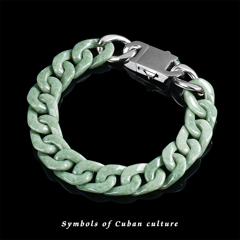 Natural Real Grade A Green Jadeite Jade 4mm Cuban Curb Link Bracelet 7.5-7.9inch