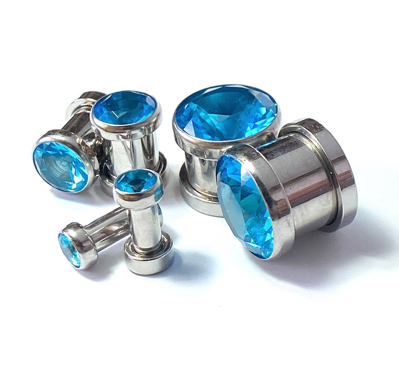 PAIR Large Aqua Blue Gem Screw Fit Tunnel Plug Gauge Body Jewelry Piercing