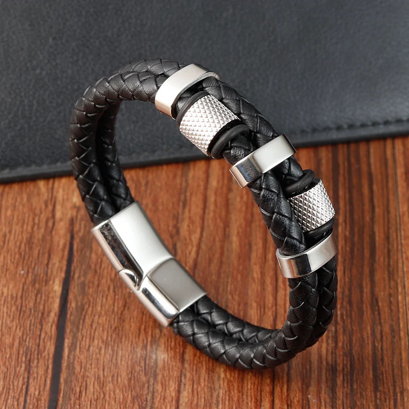 Men’s Leather Rope Braid Bracelet Stainless Steel Magnetic Buckle Jewelry