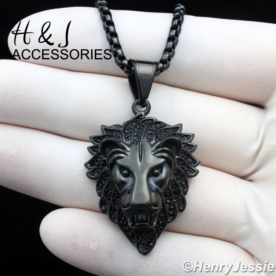 18-36″MEN Stainless Steel 3mm Black Plated Box Link Chain CZ Lion Pendant*ABP134