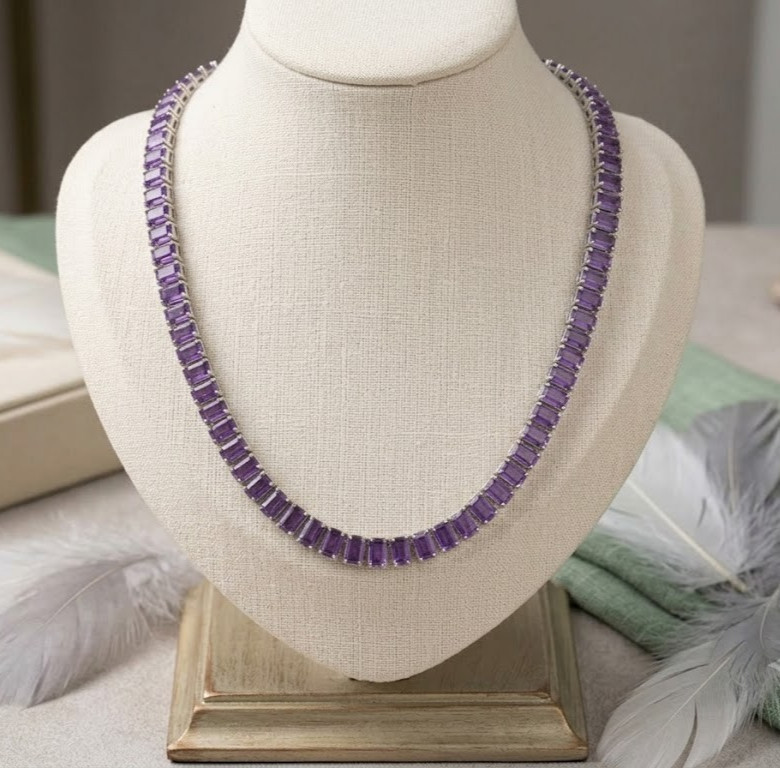 Purple Emerald Cut Tennis Necklace, Amethyst Choker, In 925 Sterling Silver