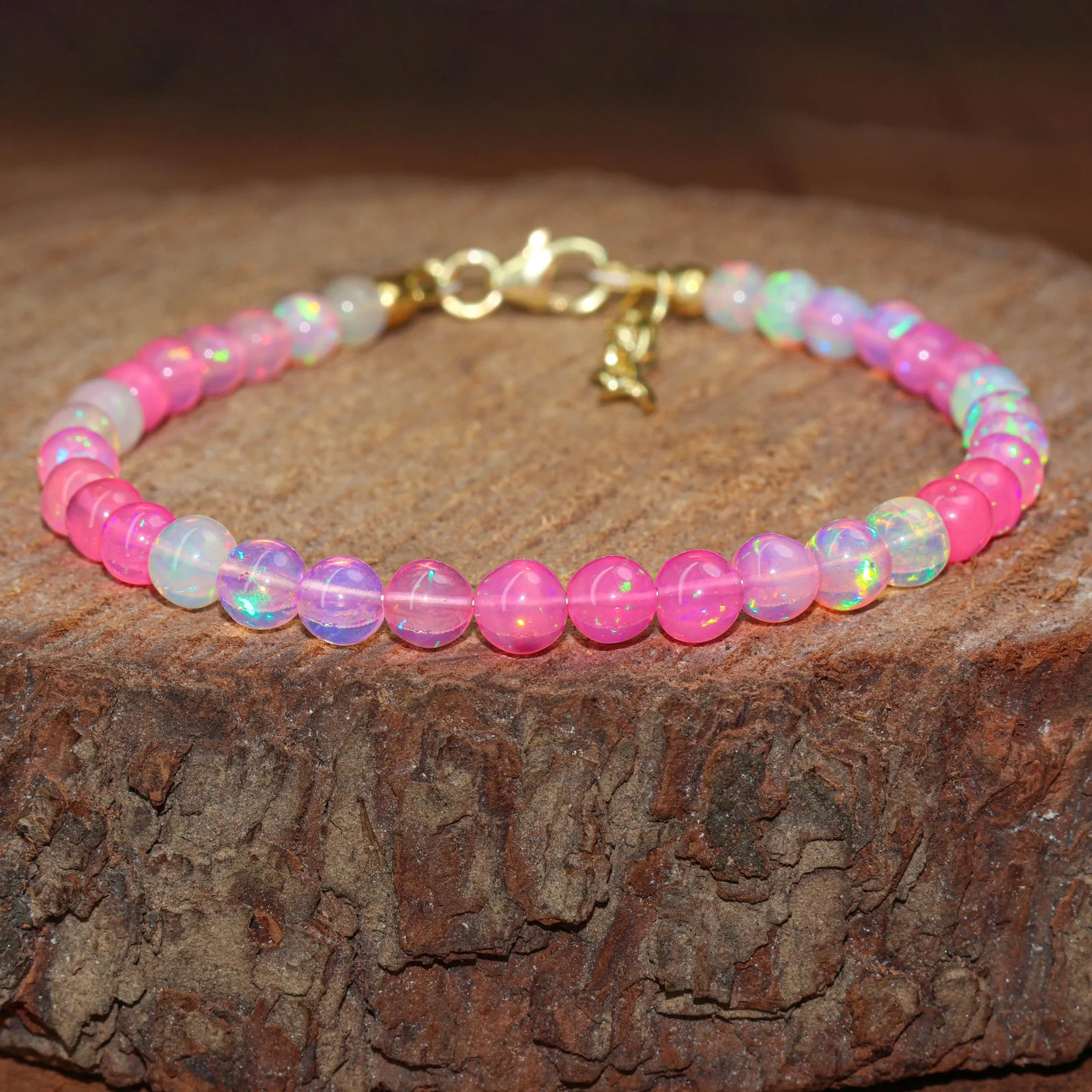 Genuine Pink Gemstone Round Beads Bracelet, Natural Fire Opal Beaded Bracelet