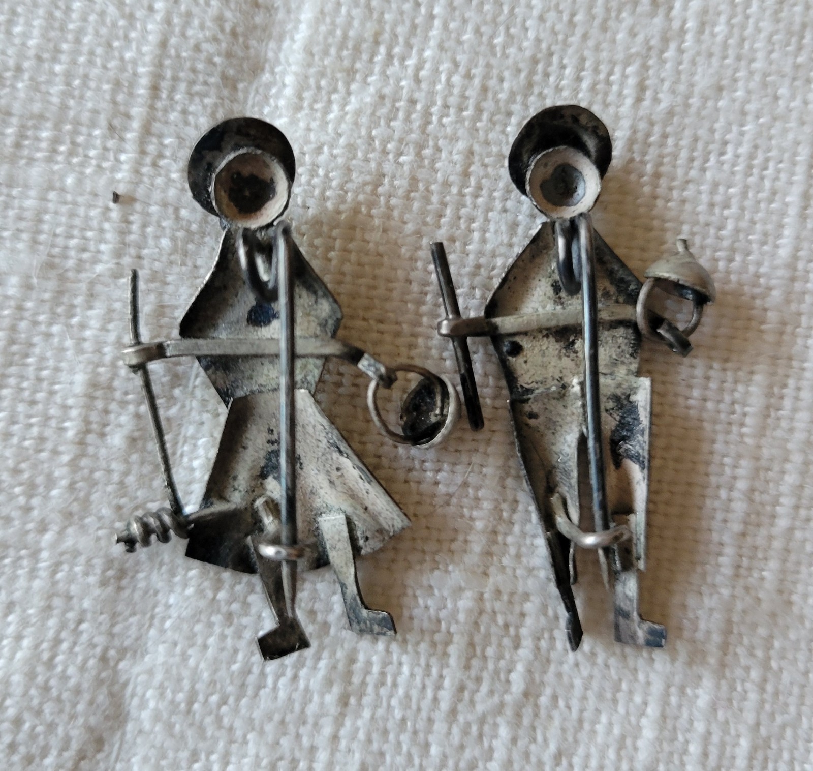 Vintage Native Hand Crafted Silver Metal Pins male female basket staff Peruvian