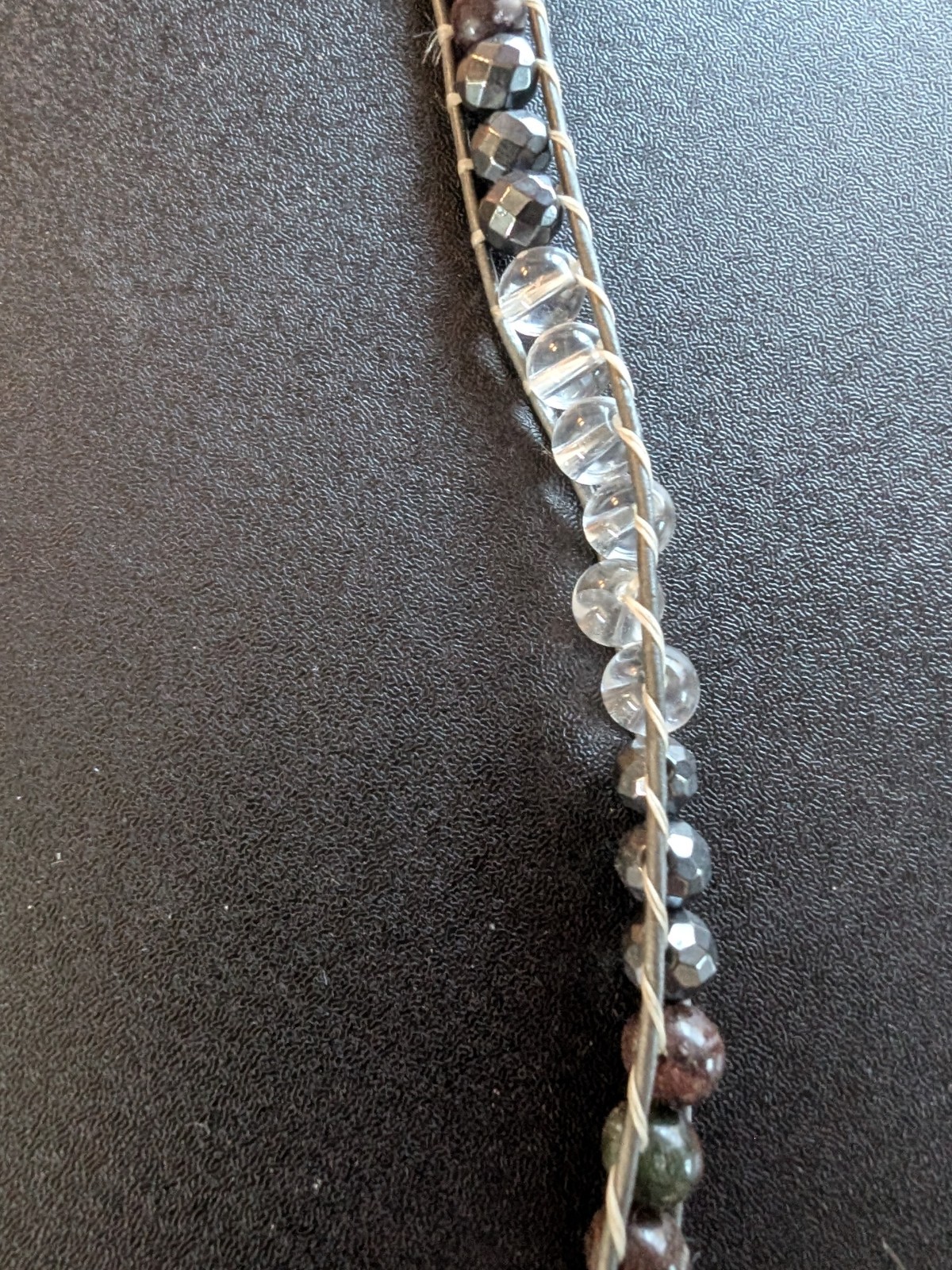 Brown & Silver Tone Beaded Choker Cord Chain Button Closure Adjustable 7″
